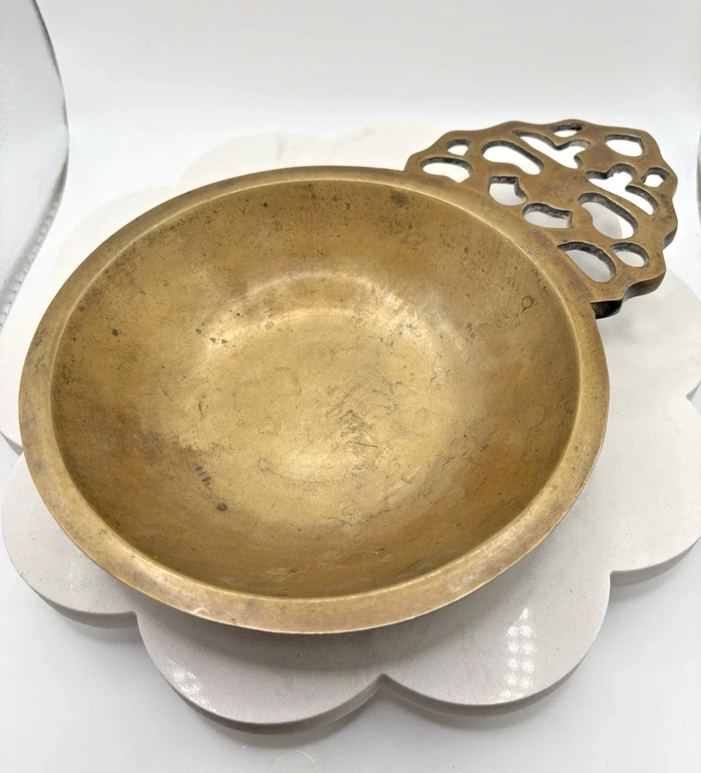 Vintage Round Brass Gold Porringer Large Bowl Wall Hanging Korea 6.25” diameter